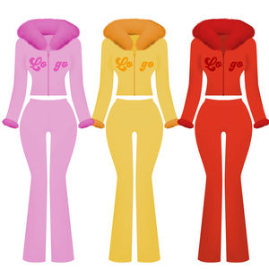 Ensemble de vêtements personnalisés <span class=keywords><strong>pour</strong></span> femmes, sweat à capuche et <span class=keywords><strong>pantalon</strong></span> évasé à fermeture éclair, col en fourrure personnalisé, style Y2k, strass, fabricant de vêtements personnalisés - Product Image 1