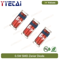 Kit de diodes redresseuses Zener SMD 0,5W à 34 valeurs : 2V, 3V, 3,3V, 3,6V, 5,1V, 5,6V, 7,5V, 10V, 12V, 13V, 15V, 16V, 18V, 20V, 22V, 24V, 30V, 36V, 39V, 47V