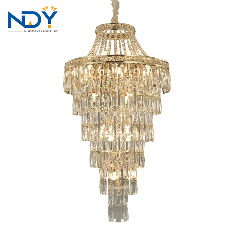 Oem/Odm Hotel Villa Custom Luxe Hangende Hanglamp Moderne Stijl Indoor Decor Goud Lange Trap Led Kristallen Kroonluchter