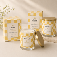 Arovi - Bougie parfumée au miel et au yuzu en verre jaune à carreaux de 200 g avec couvercle doré et boîte cadeau pour la vente au détail