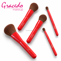 Set Kuas Makeup Profesional Merah Ramah Perjalanan untuk Kolaborasi Merek, 5 Buah Kuas Nilon Gagang Kayu untuk Wajah