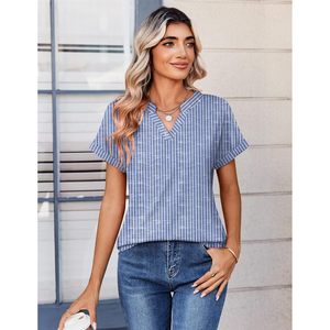 Haut à manches courtes et col en V pour femme FOXA, 100 % coton respirant, chemise décontractée d'été au design simple pour le travail et le quotidien - Product Image 2