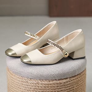 New Spring 2025 Women's <b>Shoes</b>: Color-blocked Square Toe <b>Chunky</b> Heel One-strap French-style Low-cut Leather <b>Shoes</b> - Product Image 6