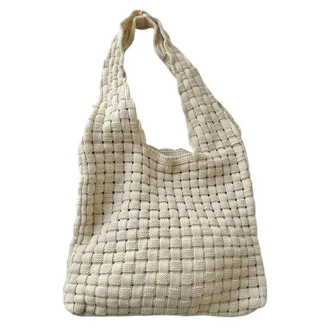 2024 Spring Korean Retro Style Crochet Women Tote Beach Bag Luxury Custom Solid Color Woven Plaid Shopping Bag