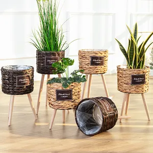 Pot tanaman anyaman rotan murah dalam ruangan Nordik Modern grosir sukulen berdiri kayu taman pot tanaman bunga untuk tanaman