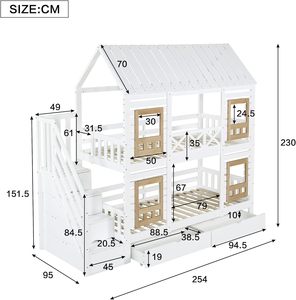 90 X 200 cm Double <strong>Bed</strong> Slatted Frame <strong>Pine</strong> + MDF Kids' Cabin <strong>Bed</strong> <strong>Bed</strong> 2 Drawers 4 Windows Storage Ladder Fall Protection Bedroom - Product Image 5
