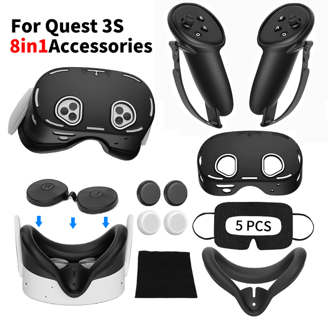 VR Accessories 8 in 1 Pack of 16pcs Set VR Protection Silicone Covers for Meta Quest 3s Face Mask and Controller Covers for 3S