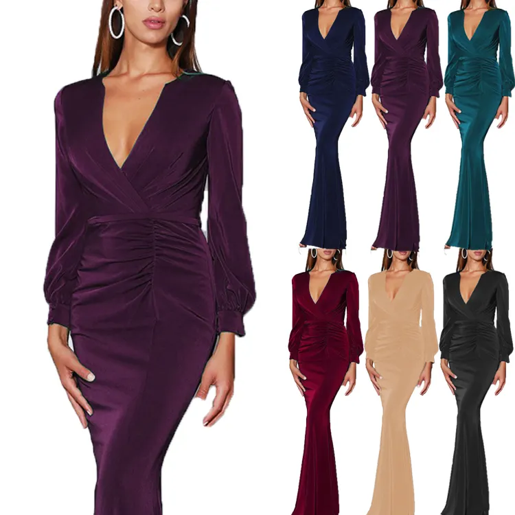 Formal Dinner Ladies Luxury Long Evening Dress V-Neck Sexy Plus Size Party Women's Wear