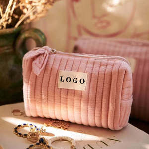 Pochette de maquillage personnalisée avec logo, pour femmes, mignonne, petite, de voyage, en coton biologique doux, en velours matelassé, avec fermeture éclair, grande taille - Product Image 4