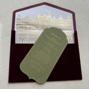 Elegant Embossed Wedding Greeting <b>Card</b> Gold Building Design Offset Printing Coated Paper Velvet Envelope Custom Logo Details - Product Image 1