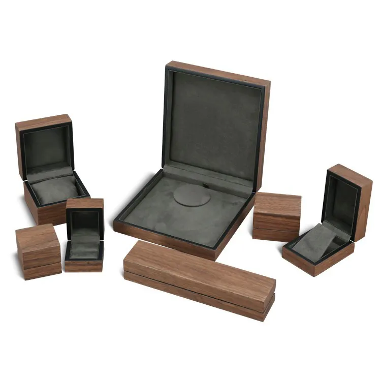 Walnut Wood Veneer Wooden Jewellery Packaging Set Boxes Velvet Insert Necklace Ring Earring Small luxury custom Jewelry Gift Box