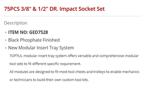 TOPTUL Hoge Kwaliteit 75-delige 3/8 & 1/2 inch Nieuwe Modulaire Inzetbak Systeem <span class=keywords><strong>DR</strong></span>. Slagmoersleutelset (GED7528) - Product Image 4