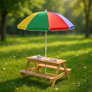 Outdoor Wooden Picnic <b>Table</b> With <b>Umbrella</b> For Kids 2 Seater Square Rustic Design - Product Image 2
