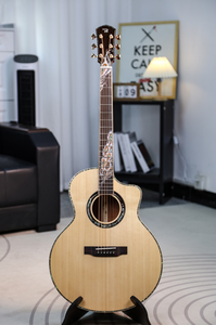 Guitare acoustique haut de gamme en bois massif 41 pouces avec incrustation de paon sculptée à la main, épicéa massif et acajou, guitare folk personnalisée - Product Image 6