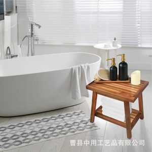 Solid Wood <b>Bathroom</b> <b>Stool</b> Double Layer Storage Foot Bath Teak Modern Design - Product Image 1
