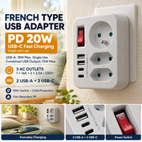 Adaptateur PD 20W Type E Français avec 2 chargeurs USB-A, 2 chargeurs USB-C, 1 prise murale 16A 230V, rallonge avec interrupteur, IP20, garantie 2 ans