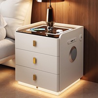 Table de chevet moderne de luxe en bois avec haut-parleurs à chargement sans fil LED, 3 tiroirs, meuble flottant en cuir noir pour chambre à coucher