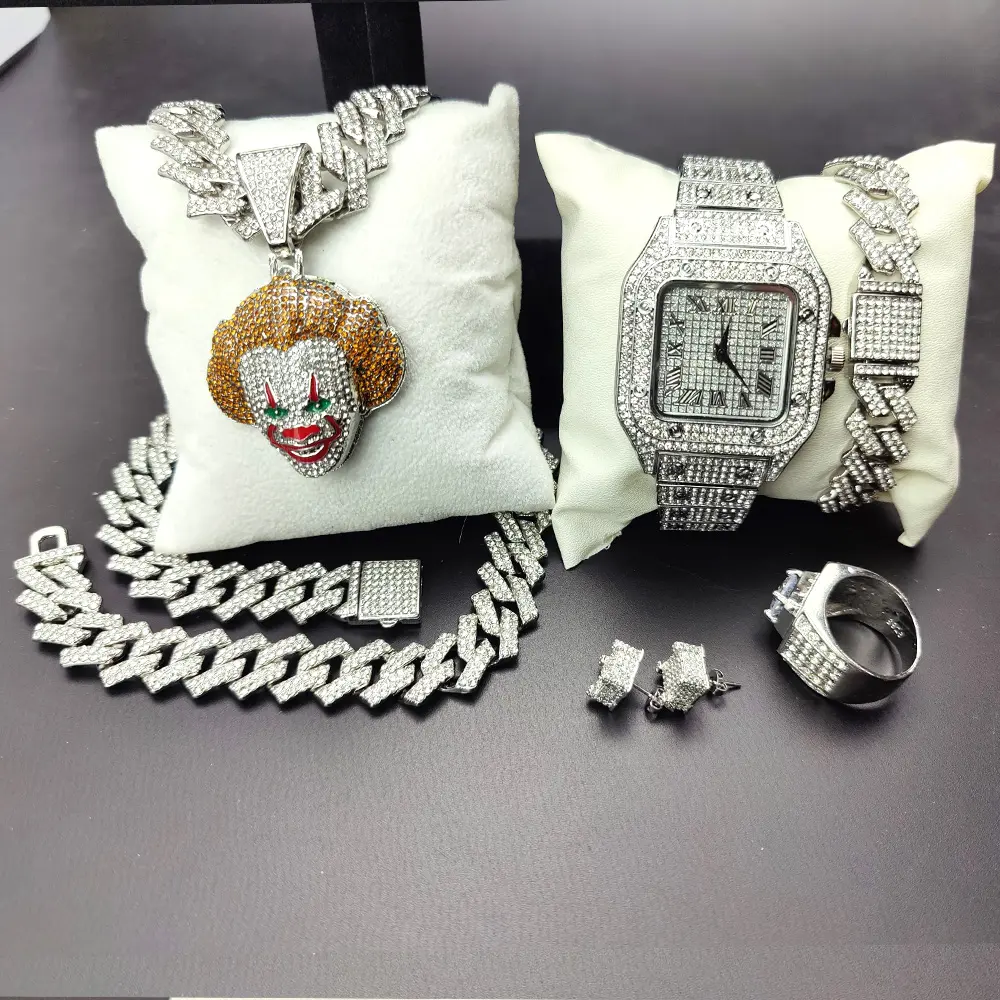 Hip Hop Film Clown Anhänger Halskette für Männer Uhr Geschenkset Miami Cuban Chain Armbanduhren Iced Out Uhr Mann Bling Halsketten