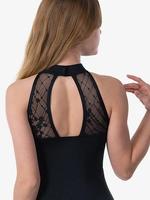 Leotardo de gimnasia de alta elasticidad negro para mujer, cuello Halter, encaje decorado, trajes de baile y entrenamiento transpirables