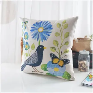 Capas de almofada para animais de estimação com ilustração lisa de pássaros e flores personalizadas em linho de poliéster quadrado com estampa digital de almofada confortável
