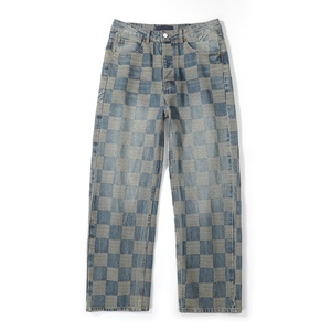 Jeans de mezclilla a cuadros de lujo para hombre, talla grande, diseño de tablero de ajedrez, estilo patchwork, corte holgado y recto, informal. - Product Image 1