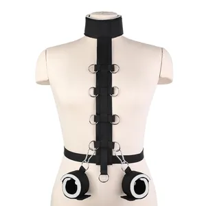 Black Reins Body Harness with Wrist and Thigh Restraint Reins Hogtie Wrist and Ankle Restraint Bondage Set for Couples