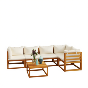Ensemble de salon de jardin en bois d'acacia massif, couleur crème, 6 places, mobilier d'extérieur, style contemporain - Product Image 1