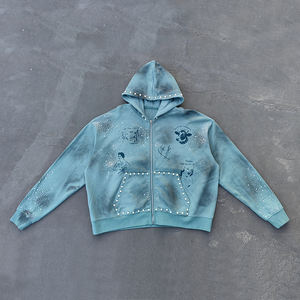 Huili Factory Oem Schwere Baumwolle Französisch Terry Hoodie Männer Benutzer definierte Stickerei Patched Strass Sun lashed Washed Vintage Hoodie - Product Image 1