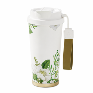 Mug de voyage minimaliste en acier inoxydable avec base dorée et étiquette pour café, design écologique - Product Image 3
