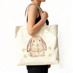 Bolsa de Mano de Lona con Estampado de Conejo en Acuarela Estilo Ins, Bolsa de Hombro Casual Reutilizable Personalizable para Uso Diario y Regalo - Product Image 1