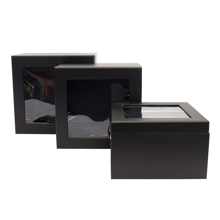 Luxury Square Presentation Gift Box White Print with Transparent Top Double Layer Interior White and Gold Satin Ribbon Handles
