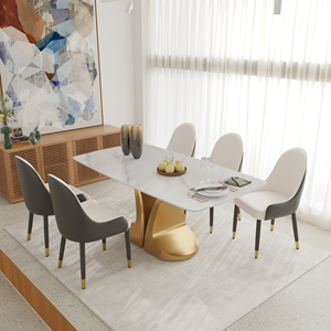 Voxhome thiết kế hiện đại hình chữ nhật bàn ăn với đá cẩm thạch hàng đầu màu vàng cơ sở sang trọng Đồ nội thất nhà cho phòng ăn - Product Image 3