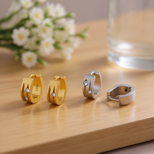 Pendientes Angelina Huggie de Oro y Plata, Acero Inoxidable, Cristal, Engaste de Bisel con Pedrería, Joyería de Moda para Mujer, 6mm, Uso Diario - Product Image 2