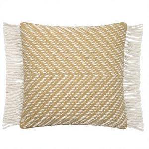 Geometric Pattern Embroidered <b>Throw</b> Pillow Square Black <b>White</b> Bohemian Style Fringe Edges Washable Textile Cover Non-Toxic - Product Image 2