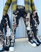 AeeDenim Jeans streetwear personnalisé avec écusson vieilli Pantalons en denim tête de mort de Noël pantalons en jean empilés pour hommes