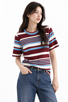 Haut en tricot rayé personnalisé pour femme, col rond, manches courtes, bordeaux, blanc, bleu, bordure contrastée, pull, service ODM