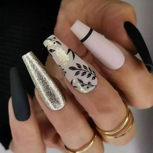 Boîte d'emballage pour ongles pressés, personnalisée, 24 pièces/ensemble, ongles pressés en forme de cercueil, noir et <span class=keywords><strong>rose</strong></span> avec un <span class=keywords><strong>dessin</strong></span> Placa Para Unas - Product Image 1