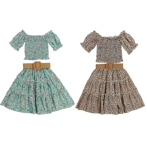 Set gonna per bambina, top corto con volant floreale e spalle scoperte, gonna in denim con fiocco, abiti estivi per bambini, abbigliamento per tutti i giorni - Product Image 1