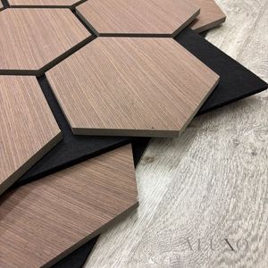 Panneaux acoustiques hexagonaux modernes combinables avec placage <span class=keywords><strong>bois</strong></span> MDF insonorisant, design graphique écologique pour hôtel, bureau, maison - Product Image 1