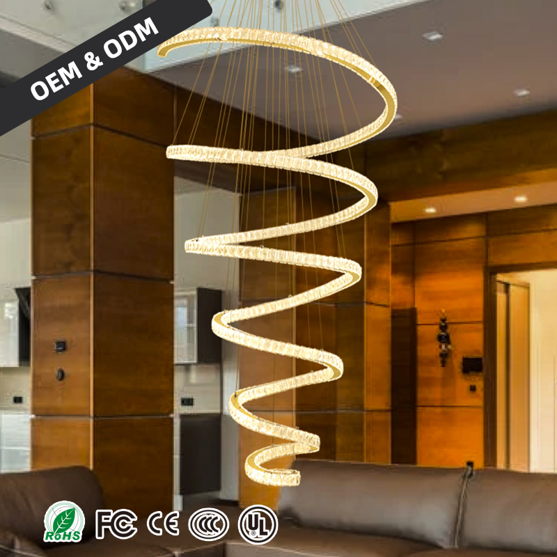 Artistic Luxury Creative Personality Rotating Ring Crystal LED Silvery Adjustable Height Remote Control Duplex Light Chandelier