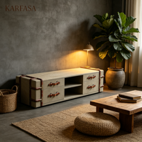 Console multimédia vintage en forme de coffre, avec garniture en cuir et toile, 4 tiroirs, compartiments de rangement ouverts et quincaillerie en laiton