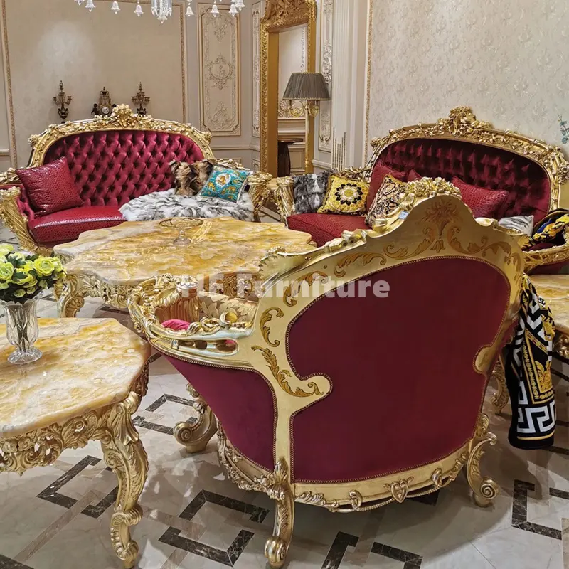 Divano in stile rococò in oro reale Set di divani in velluto rosso di lusso per mobili da soggiorno