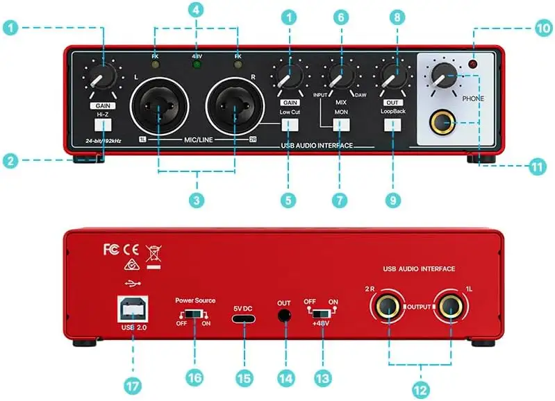 Fabricante OEM 24Bit 192KHz USB Interface de Áudio Profissional 2 em 2 saída Equipamento de Podcast placas de som ao vivo para estúdio de gravação