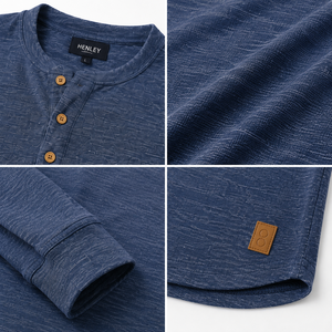 Camisetas Henley para hombre, manga larga, estilo vintage, algodón lavado, cuello con botones, camiseta informal ligera, logotipo personalizado, marca privada - Product Image 3