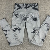 Damen Yoga-Hose mit hohem elastischem Bund, Batik-Print, knöchellang, aus Spandex/Nylon, gerippte Kanten, pfirsichfarben, Bauchkontrolle, Shapewear