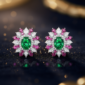 Orecchini a perno di lusso in oro bianco con smeraldo, taglio ovale, design floreale, montatura a griffe, gioielli da sposa da donna - Product Image 2