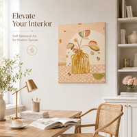 Peinture à l'huile sur toile, style pastoral et artistique folklorique, avec motif de vase, bouquet et table à carreaux, fond en arche, à l'ochre moutarde, à l'impasto et peinte à la main