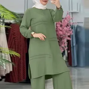 Элегантная рубашка с длинными рукавами и широкие брюки, однотонная мусульманская одежда, комплект из двух предметов для женской одежды