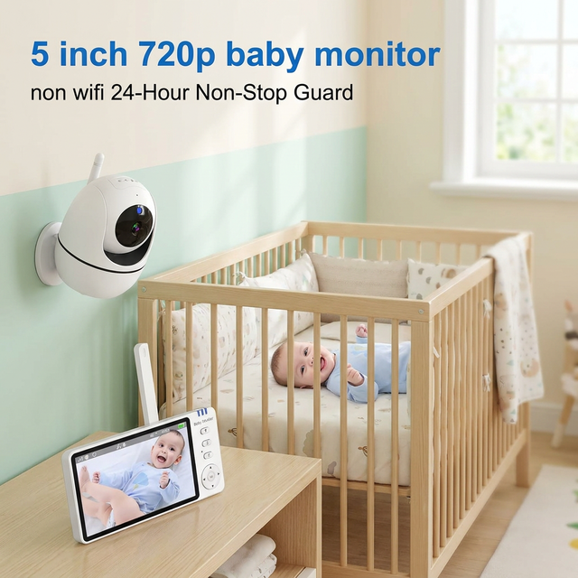 5.0 Inch Video Baby Monitor 720P PTZ Camera 355 Rotation Two-way Audio IR-CUT Night Vision 3500mAh Battery VOX 32GB Memory
