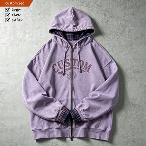 Sweat-shirt décontracté pour homme, vintage, délavé, effet usé, premium, avec cordon de serrage, doublure à carreaux, coupe oversize personnalisée, coupe carrée, fermeture éclair intégrale - Product Image 1